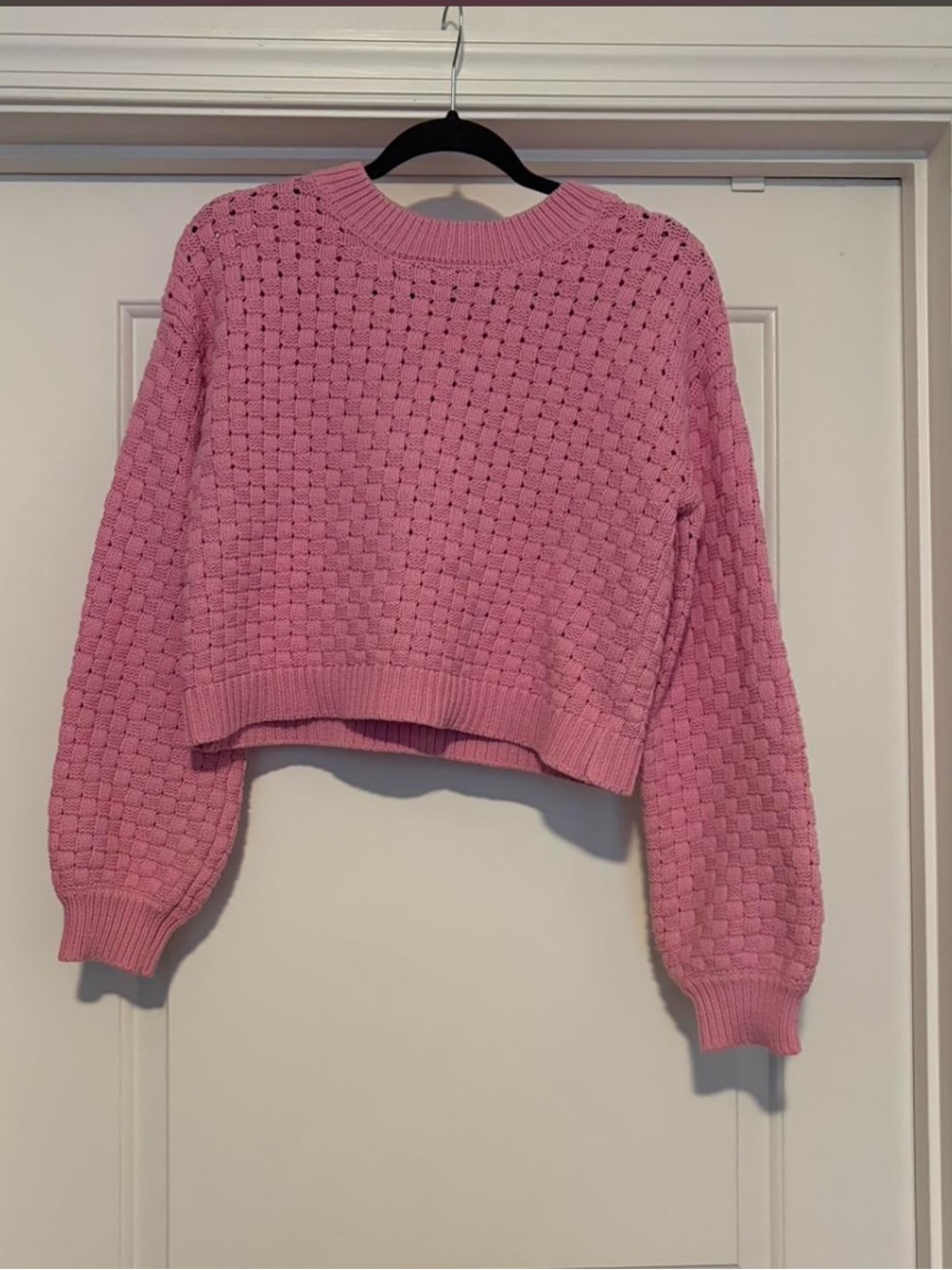 Jessica Simpson Pink Textured Cropped Crewneck Sweater
